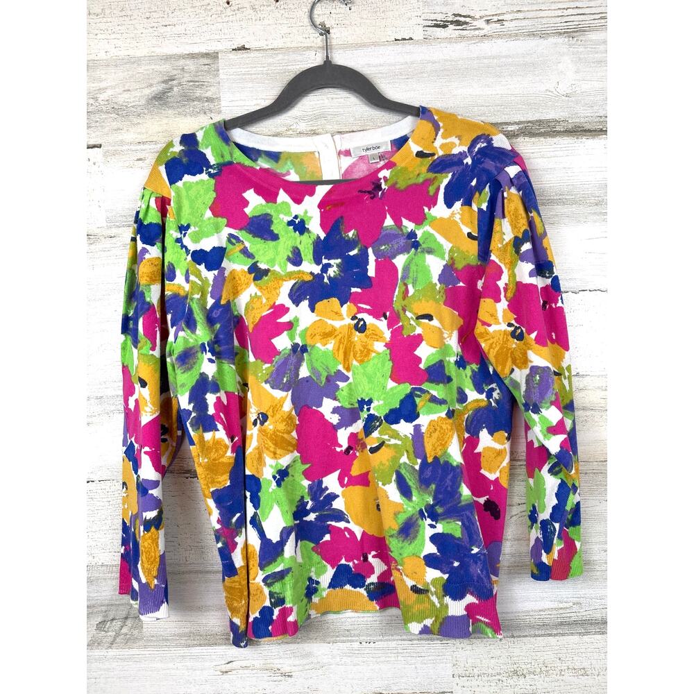Tyler Boe Womens L Multi Floral Crew Neck Lightweight Knit Sweater Casual Top